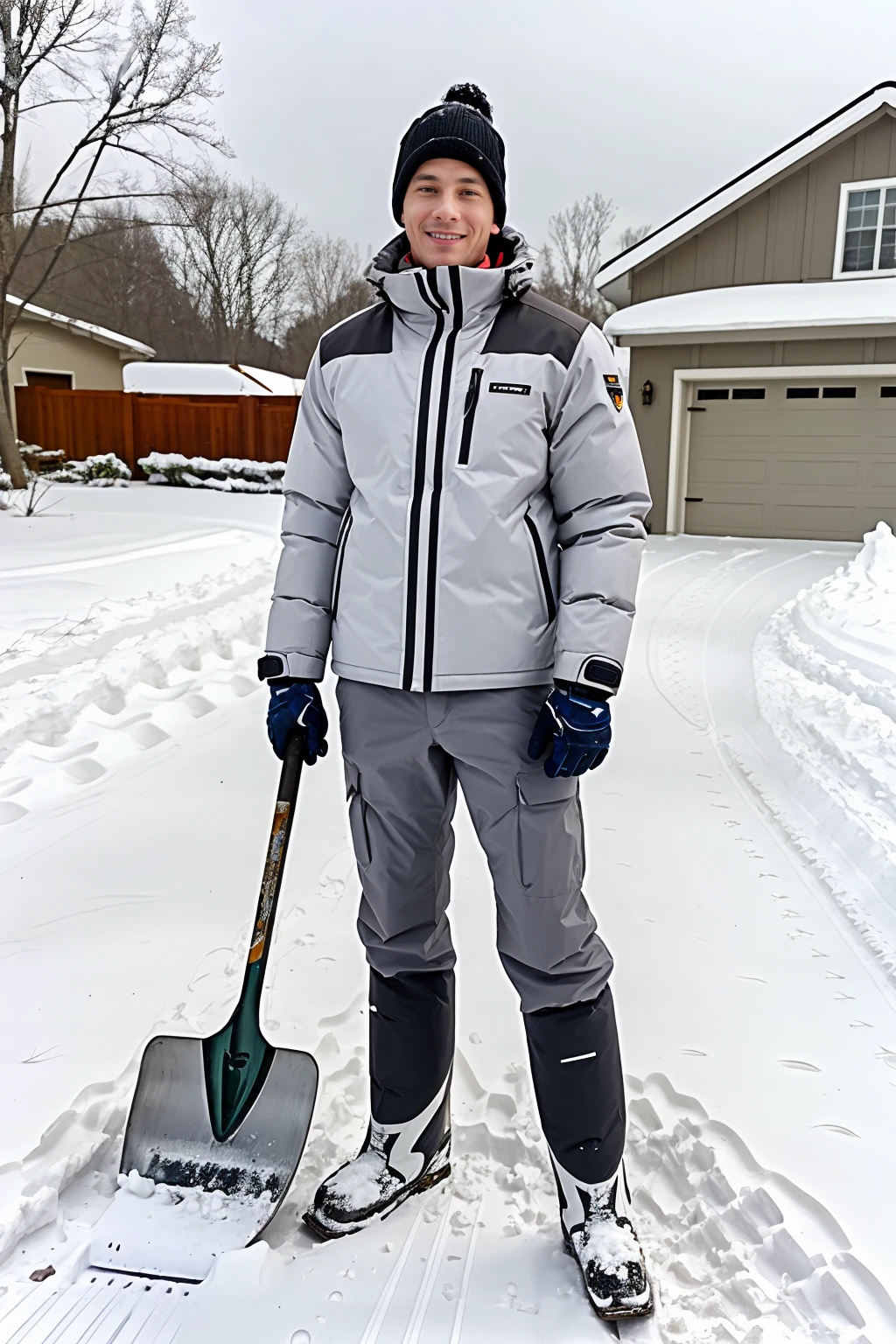 snow covered suburban home, standing on a snow covered driveway, CFRocky, wearing puffy jacket, snow pants, boots, (holding a snow shovel), clearing snow, masterpiece, (((full body portrait))), ((full body)), (looking at viewer) <lora:CFRocky:0.8>