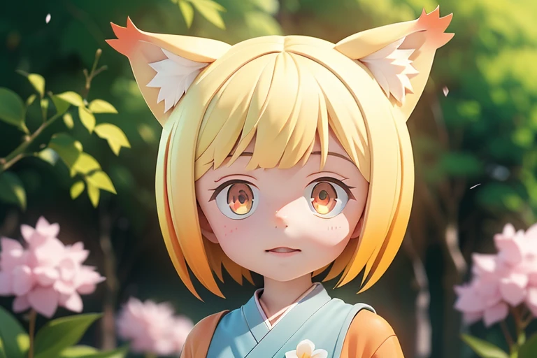 (masterpiece, best quality:1.2), highres, best illustration, 8k wallpaper, (Traditional Media), (2d:1.2), wide shot, (dynamic angle:1.1), , outline, ((thick lineart)), cover, stylish, official art, (details:1.2), (fantasy), garden, (bloom:1.1), glow:0.2, shadow, nature, cherry blossoms, particles, (depth of field), sharp focus, (volumetric lighting), (bokeh:0.6), film grain:0.4, day, (soft lighting:1.1), Youukkoo, looking at viewer, short hair, blonde hair,  orange eyes, fox ears, orange kimono,  looking at viewer  <lora:Sengoku_Youko_00_01:1>