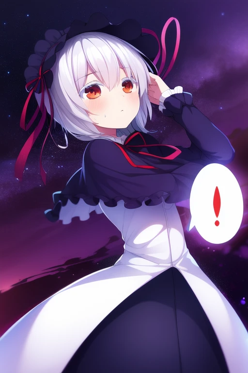 <lora:Lieselotte_Achenbach:1>, Lieselotte, 1girl, solo, sweatdrop, blush, spoken sweatdrop, hairband, white hair, capelet, dress, hair ribbon, night,
masterpiece, high quality, very_high_resolution, large_filesize, full color,