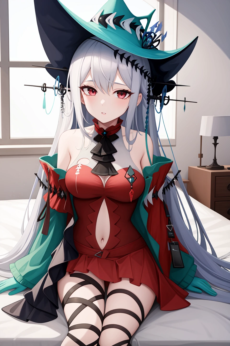 <lora:skadi2-000012:1>,skadi,1girl,skadi the corrupting heart \(arknights\),skadi \(arknights\),solo,official alternate costume,navel,looking at viewer,parted lips,hat,sitting on bed,bedroom,indoors,( :1.2), 1girl,
,  (masterpiece,best quality:1.2),absurdres