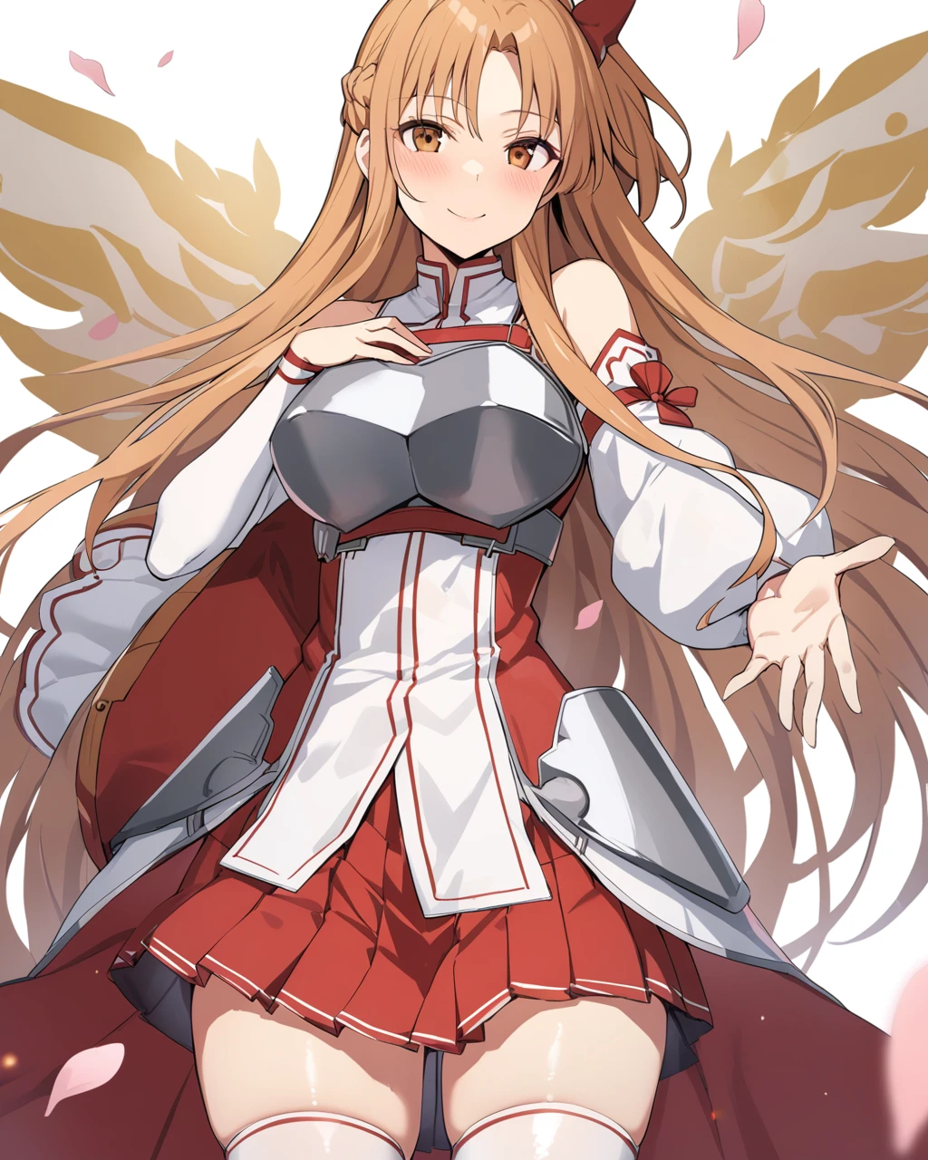 masterpiece, best qualityï¼ <lora:asuna:1>ï¼1girl, asuna_\(sao\), long_hair, solo, thighhighs, red_skirt, skirt, smile, brown_hair, looking_at_viewer, brown_eyes, white_thighhighs, breastplate, detached_sleeves, weapon, pleated_skirt, sword, armor, white_sleeves, white_background, very_long_hair, hand_on_own_chest, braid, flower, petals, long_sleeves, miniskirt, sheath, sheathed, bare_shoulders, zettai_ryouiki, outstretched_hand, bangs, shiny_hair, blurry, outstretched_arm, blush, dress, closed_mouth, simple_background, belt