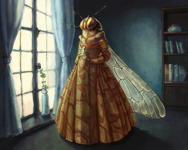 a painting of an anthropomorphic fly woman wearing a dress, rslw style