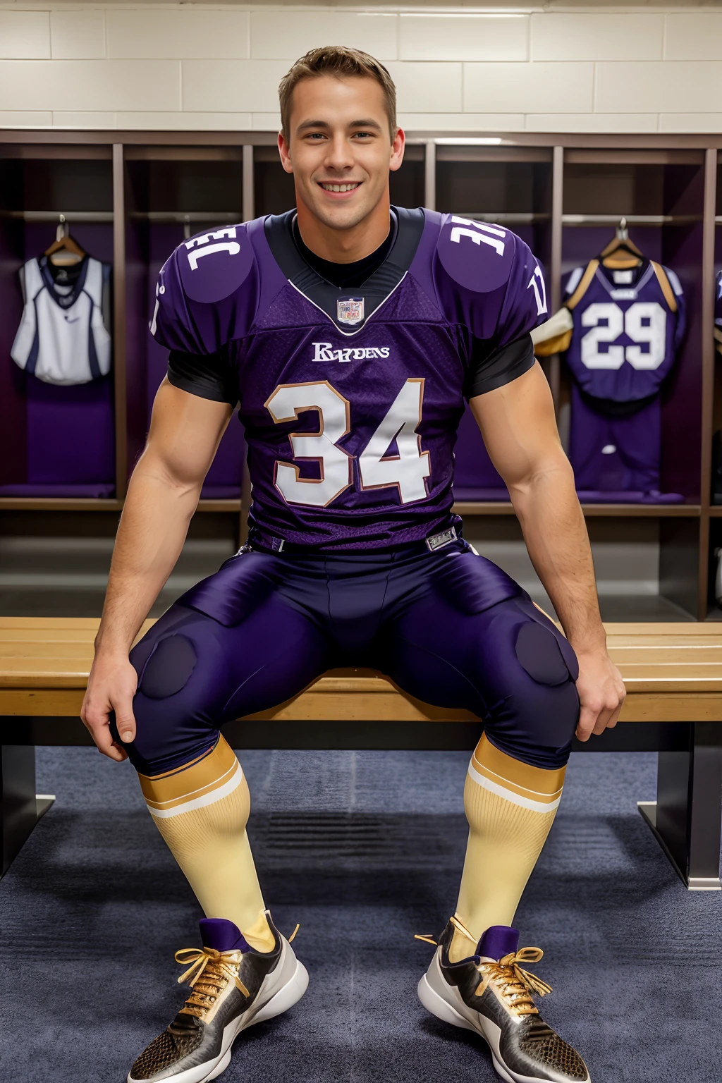 an American football locker room, ((sitting on a locker room bench)), hands on knees, smiling, CFRocky is a (American football player) wearing (deep purple jersey:1.4), (shoulder pads), (jersey number 11), (deep purple football pants and pads:1.4), (long socks), (pale gold socks:1.3), pale gold numerals, pale gold numbers, (black sneakers:1.3), (((full body portrait))), (full body), wide angle, <lora:CFRocky:0.8>