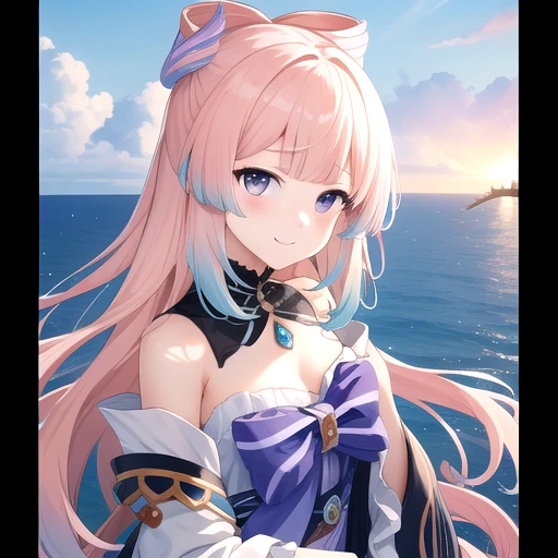 ((masterpiece)),(best quality),official art,extremely detailed CG,unity 8k wallpaper,ultra detailed,A lighthouse on a cliff by the sea,1girl,solo,upper body,(portrait:1.2),looking at viewer,bow-shaped_hair,japanese_clothes,bare_shoulders,pink_hair,very_long_hair,dress_bow,multicolored_hair,white_gloves,smile,bangs,frilled_sleeves,purple_eyes,frills,wide_sleeves,gradient_hair,white_thighhighs,blue_hair,shorts,half_gloves,clog_sandals,hair_ornament,blunt_bangs,<lora:Sangonomiya Kokomi(gen)>,