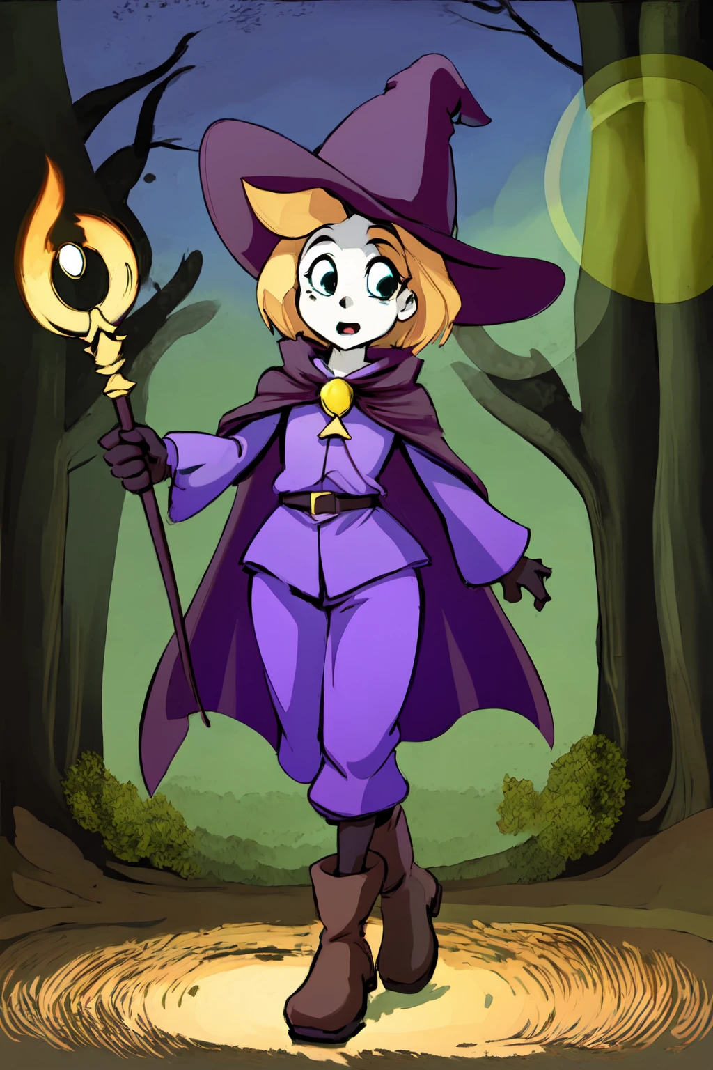 (masterpiece,best quality:1.2),1girl, <lora:PennyEP:0.8>,pennyep,short hair,witch hat,shirt,long sleeves,cape,gloves,pants,pantyhose,boots,outdoors,in spooky forest,holding wand