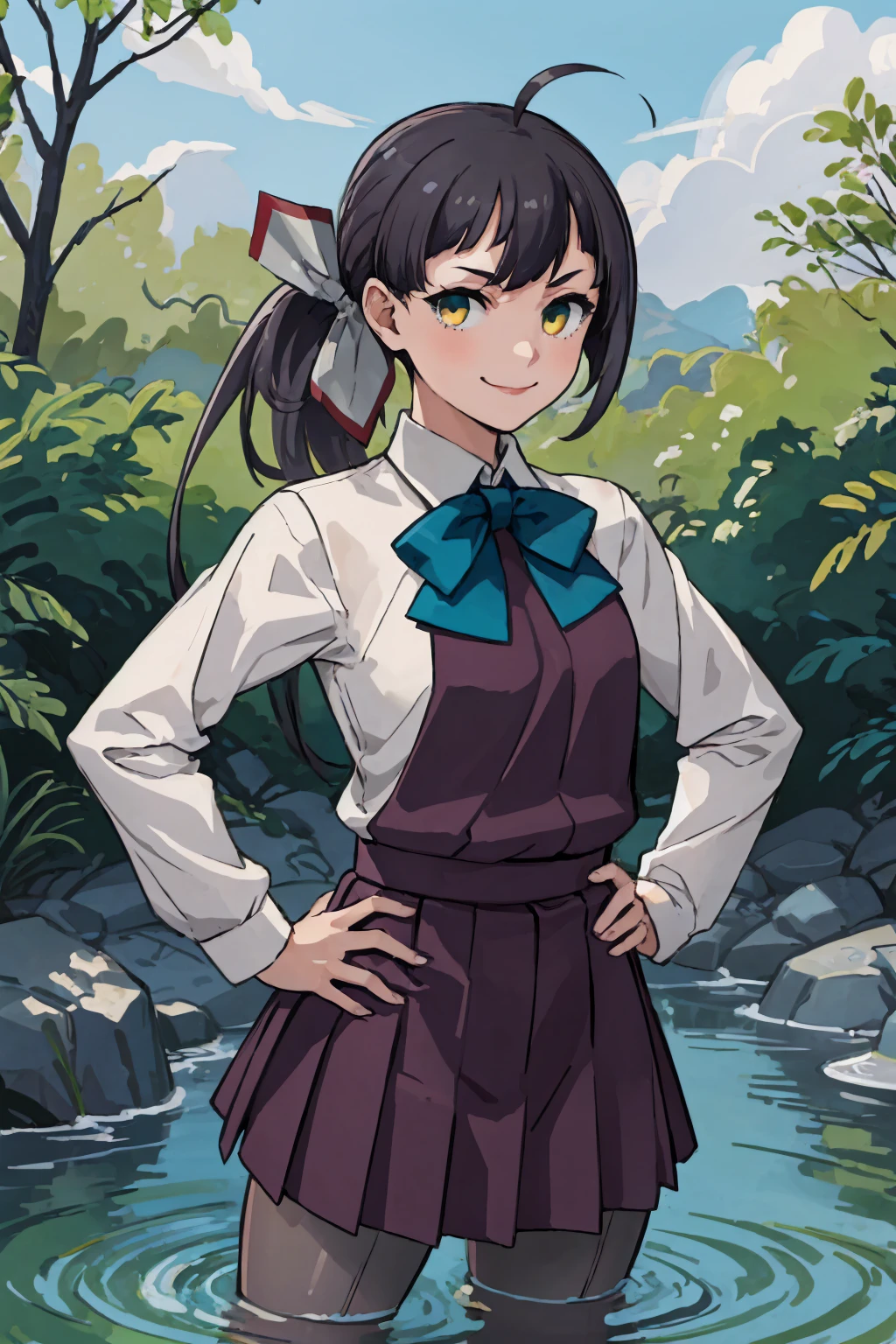 (masterpiece, best quality:1.2), solo, 1girl, fujinamidef, smile, looking at viewer, wading, hand on hip, ahoge, side ponytail, hair ribbon, school uniform, sleeveless dress, blue bow, shirt, long sleeves, grey pantyhose <lora:kancolle_fujinami:1>