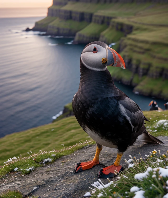 <fa3rua>, Ultra-HD-realistic-details, upper body, Spectacular light, Sunset, Faroe Islands, Grass, flowers, Cliff, close portrait photo