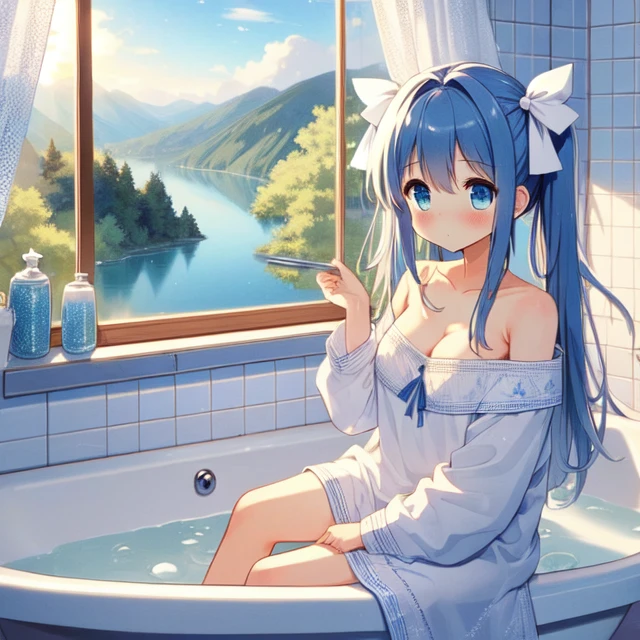 (((masterpiece))),  (((best quality))),  ((bathroom window)),  from side,  sitting on bathtub filled with water,  towel wrap body,  curtain,  white tile wall,  ribbon,  longhair,  off shoulder,  collarbone,  cleavage,  big tits,  shy,  blush, bathroom window,<lora:EMS-263612-EMS:0.800000>