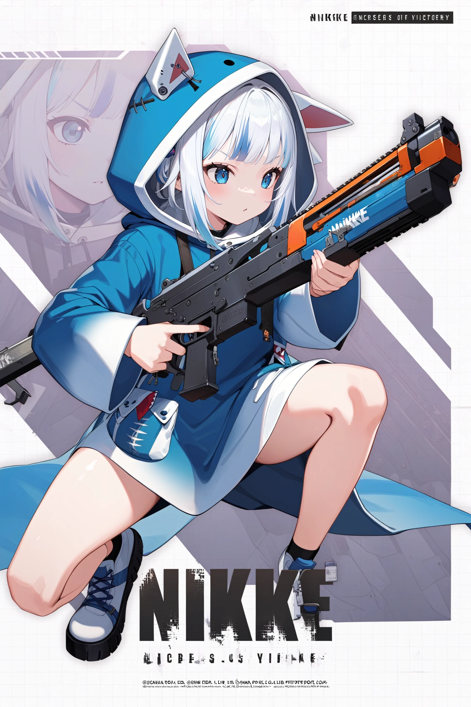 1girl, IncrsNikkeProfile, <lora:NikkeProfileXL:0.85>, full body, zoom layer, holding weapon, holding gun, one knee, gawr gura, hood up,