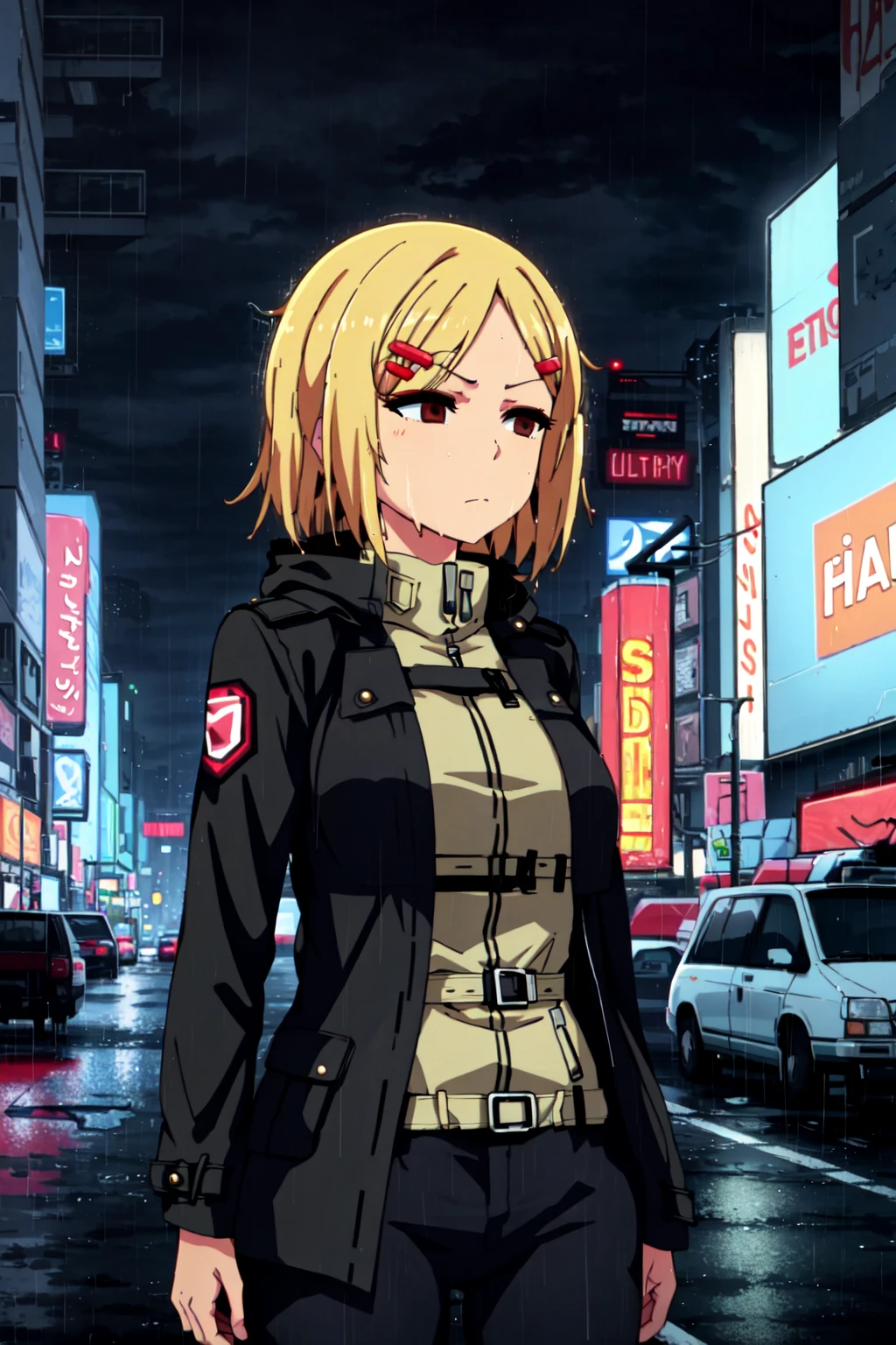 Rio, 1girl, blonde hair, medium hair, hairclip, brown eyes, outdoors, night, city, cyberpunk, futuristic, dystopia, black trench coat, serious, half-closed eyes, looking away, raining, rain, wet, billboards, neon lights, black pants <lora:Rio-12:1>,