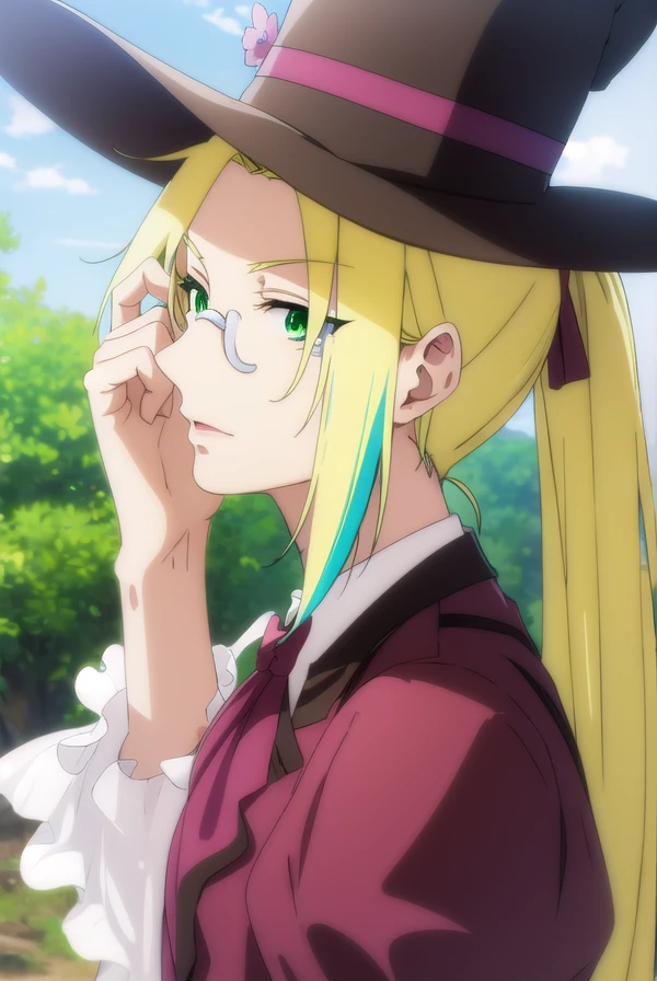 fruitofevolutionvitor, <lora:fruitofevolution vitor s2-lora-nochekaiser:1>,
vitor, long hair, blonde hair, (green eyes:1.3), ponytail, male focus, multicolored hair, glasses, makeup,
BREAK hat, pants, ascot, top hat, monocle,
BREAK outdoors, nature, forest, grass,
BREAK looking at viewer,
BREAK <lyco:GoodHands-beta2:1>, (masterpiece:1.2), best quality, high resolution, unity 8k wallpaper, (illustration:0.8), (beautiful detailed eyes:1.6), extremely detailed face, perfect lighting, extremely detailed CG, (perfect hands, perfect anatomy),