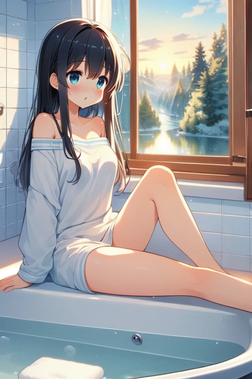 (((masterpiece))),  (((best quality))),  ((bathroom window)),  (((from side))),  ((looking outside)),  sitting on bathtub filled with water,  beige towel wrap body,  curtain,  white tile wall,  black longhair,  off shoulder,  big tits,  happy,  open mouth,  shy,  blush,  bare thighs,<lora:EMS-263612-EMS:1.000000>