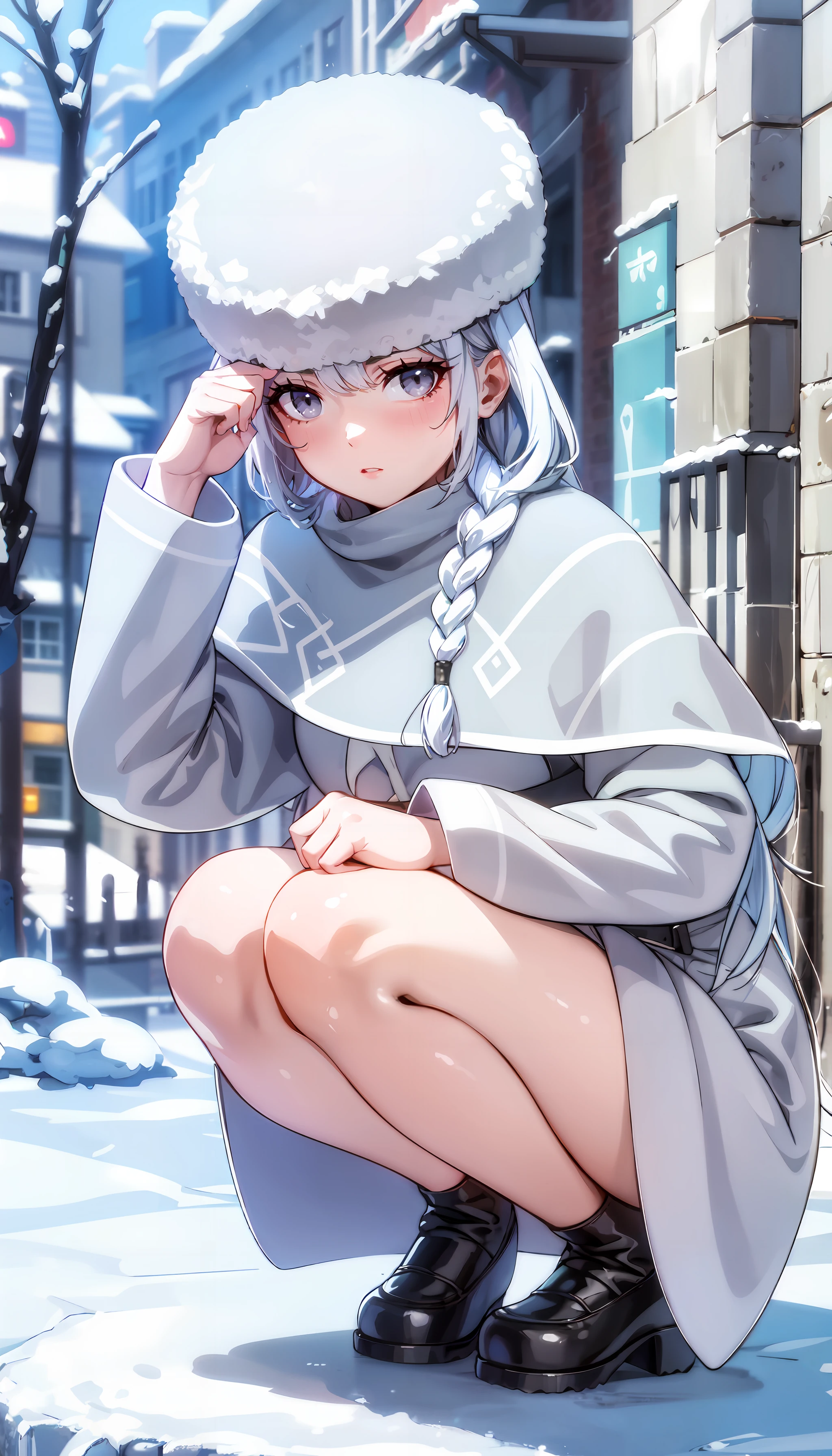 highres,masterpiece,best quality,(artist:nanashi_(nlo):0.9),(artist:wlop:0.5),1girl,solo,kitsune,close shot,1girl solo focus,slim legs,medium hair,streaked hair,heterochromia,beautiful detailed eyes,big eyes,white hair,snowflake hair ornament,straight hair,skinny,hair strand,petite,bow-shaped hair,foreshortening,sweater jacket,tiered skirt,cinematic angle,snowflakes,frost,snow fox ears,snowy mountain,bare tree,white scarf,fox tail,fangs,eye shadow,forehead jewel,longeyelashes,tareme,seductive smile,loose socks,sitting,