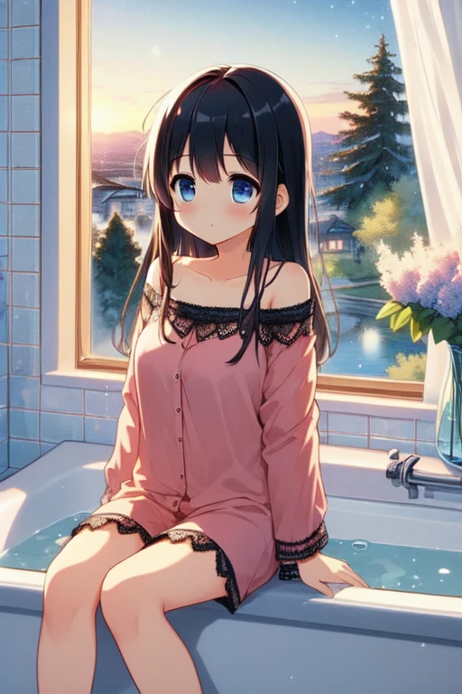 (((masterpiece))),  (((best quality))),  ((bathroom window)),  (((from side))),  ((looking outside)),  sitting on bathtub filled with water,  red lace pajamas,  curtain,  white tile wall,  black longhair,  off shoulder,  big tits,  happy,  open mouth,  shy,  blush,  bare thighs,  cuty night view,<lora:EMS-263612-EMS:1.000000>