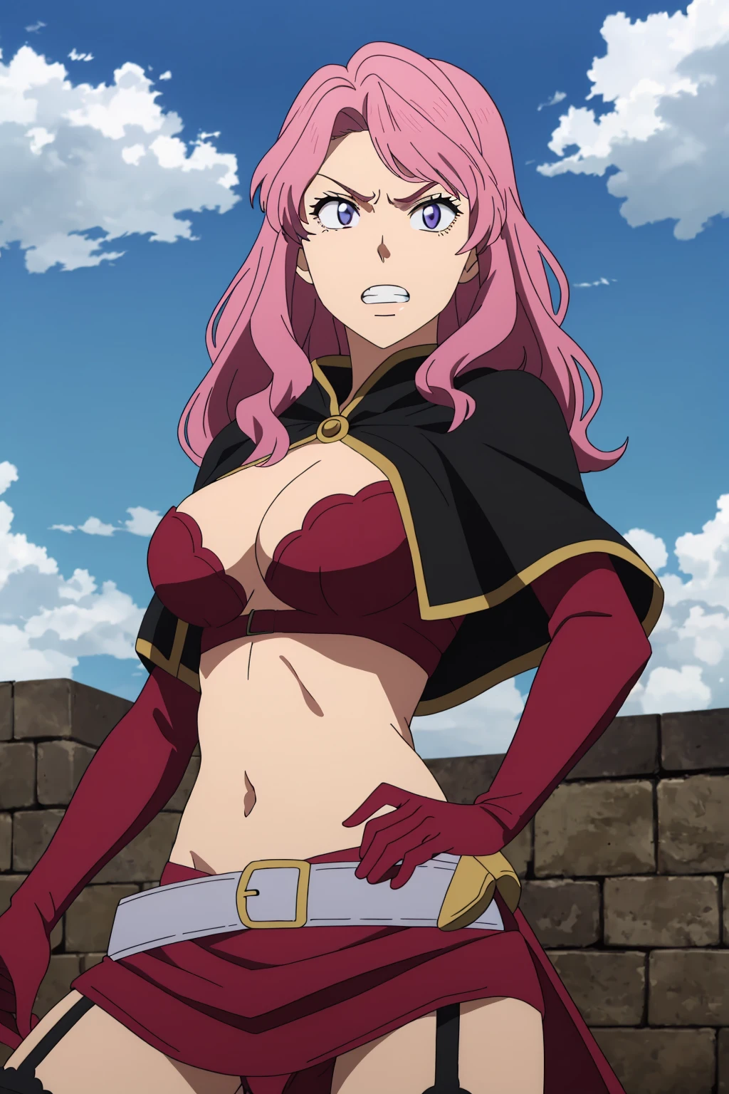 ((best quality)),((highly detailed)),masterpiece,absurdres,detailed face,beautiful face,(detailed eyes, deep eyes),(1girl),((dynamic pose)),  1girl,  <lora:VanessaV1-000009:0.7>Vanessa, solo, breasts, thighhighs, pink hair,purple eyes, cleavage, garter straps, long hair, large breasts, capelet, belt, clenched teeth, navel, teeth, angry, gloves, sky, cloud, elbow gloves, red hair, medium breasts