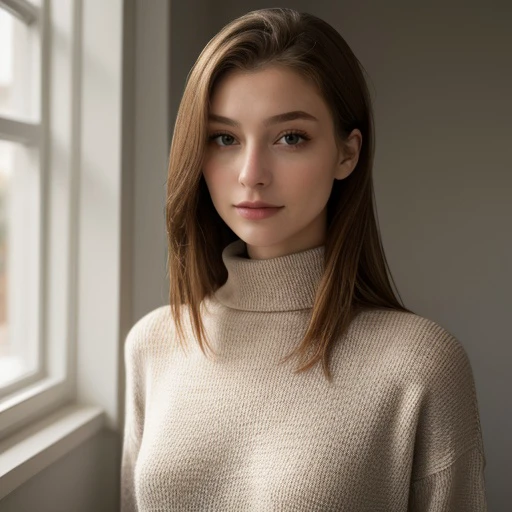 <lora:katerinasoria_sd15_512_128_64_v1:1> 1girl solo looking at viewer wearing a turtleneck sweater epiCRealism