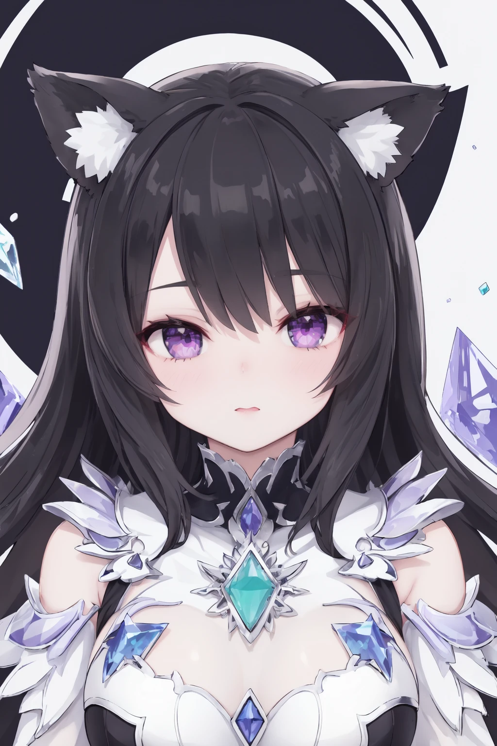 (animal ears),black hair,violet eyes,(masterpiece),(best quality),(ultra-detailed),more_details:-1,more_details:0,more_details:0.5,more_details:1,more_details:1.5,glowify,jewelry background,floating gems,floating glass pieces,