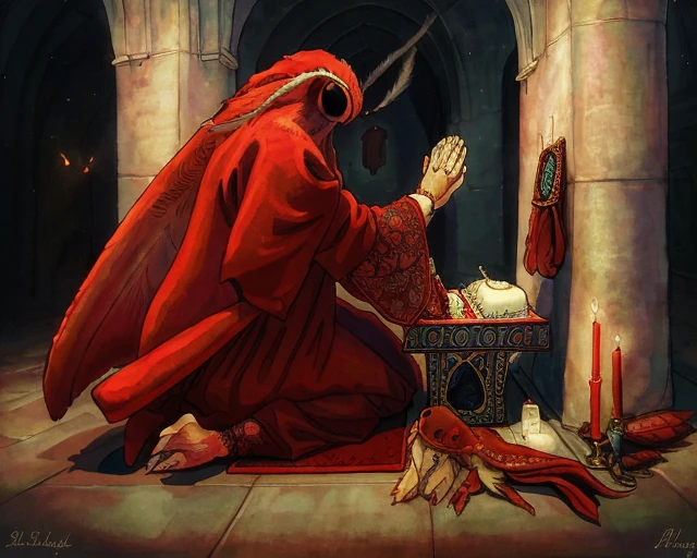 a painting of an anthropomorphic moth woman kneeling praying at an altar wearing red cloak, in a dim cathedral, rslw style, intricate detail