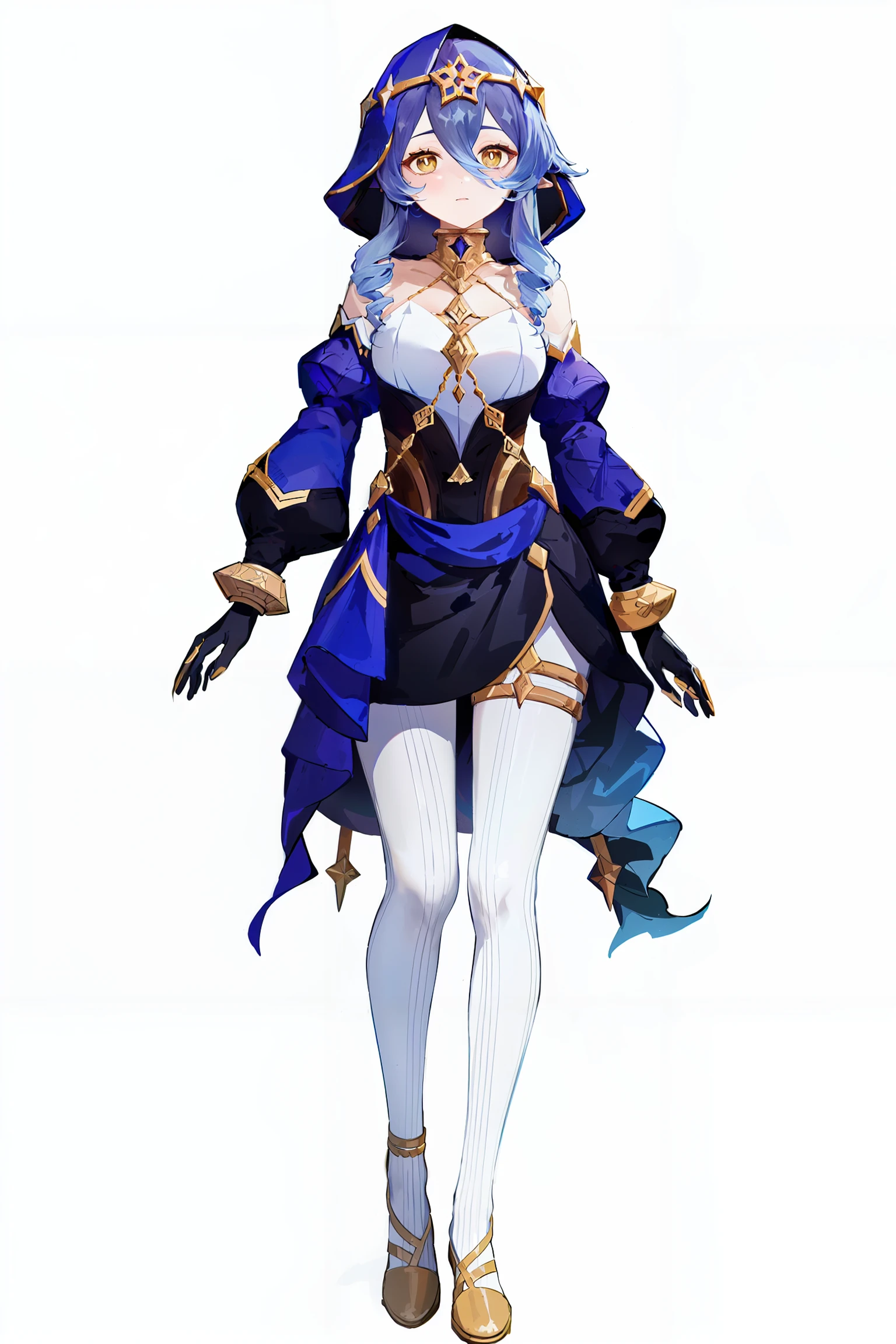 8k, best quality, masterpiece, (ultra-detailed:1.1), (high detailed skin),
(full body:1.3), white background, standing, looking at viewer, (solo:1.4),
<lora:conlayila-v100-000018:0.8:lbw=OUTALL>, layla, def clothe, head ring, 1girl, long hair, pointy ears, white pantyhose, detached sleeves, blue hair, hair between eyes, gloves, drill locks, yellow eyes,(hood),
(white background, simple background:1.6),
(beautiful_face), ((intricate_detail)), clear face,
((finely_detailed)), fine_fabric_emphasis,
((glossy)), full_shot,