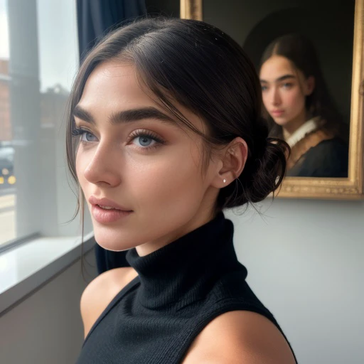 <lora:emjayrinaudo_sd15_512_128_64_v1:1> 1girl solo looking at viewer wearing a turtleneck sweater epiCRealism