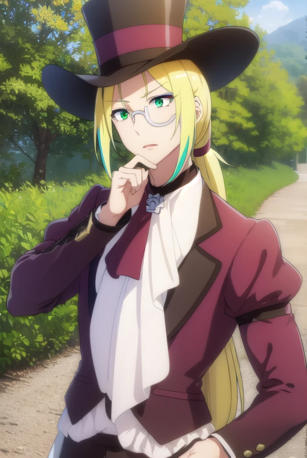 fruitofevolutionvitor, <lora:fruitofevolution vitor s2-lora-nochekaiser:1>,
vitor, long hair, blonde hair, (green eyes:1.3), ponytail, male focus, multicolored hair, glasses, makeup,
BREAK hat, pants, ascot, top hat, monocle,
BREAK outdoors, nature, forest, grass,
BREAK looking at viewer,
BREAK <lyco:GoodHands-beta2:1>, (masterpiece:1.2), best quality, high resolution, unity 8k wallpaper, (illustration:0.8), (beautiful detailed eyes:1.6), extremely detailed face, perfect lighting, extremely detailed CG, (perfect hands, perfect anatomy),