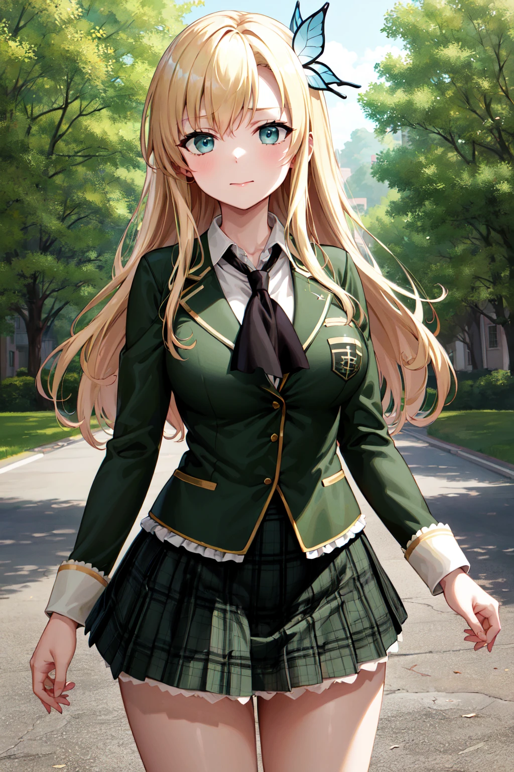masterpiece, best quality, highres, aasena, long hair, hair ornament, large breasts, black neckerchief, blazer, green jacket, long sleeves, plaid skirt, green skirt, <lora:kashiwazaki_sena_v1:0.7>, standing, cowboy shot, outdoors
