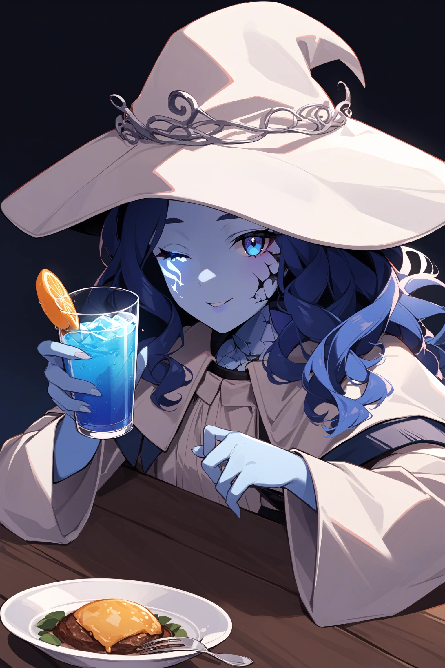 1girl, IncrsXLRanni, <lora:RanniXLV2:1>, wavy hair, blue skin, cracked skin, extra arms, (extra faces:1.3), white dress, hat, cloak, pov across table, pov, table, food, simple background, drink, seductive smile,
