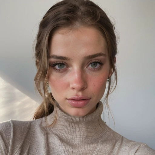 <lora:kiciame_sd15_512_128_64_v1:1> 1girl solo looking at viewer wearing a turtleneck sweater epiCRealism