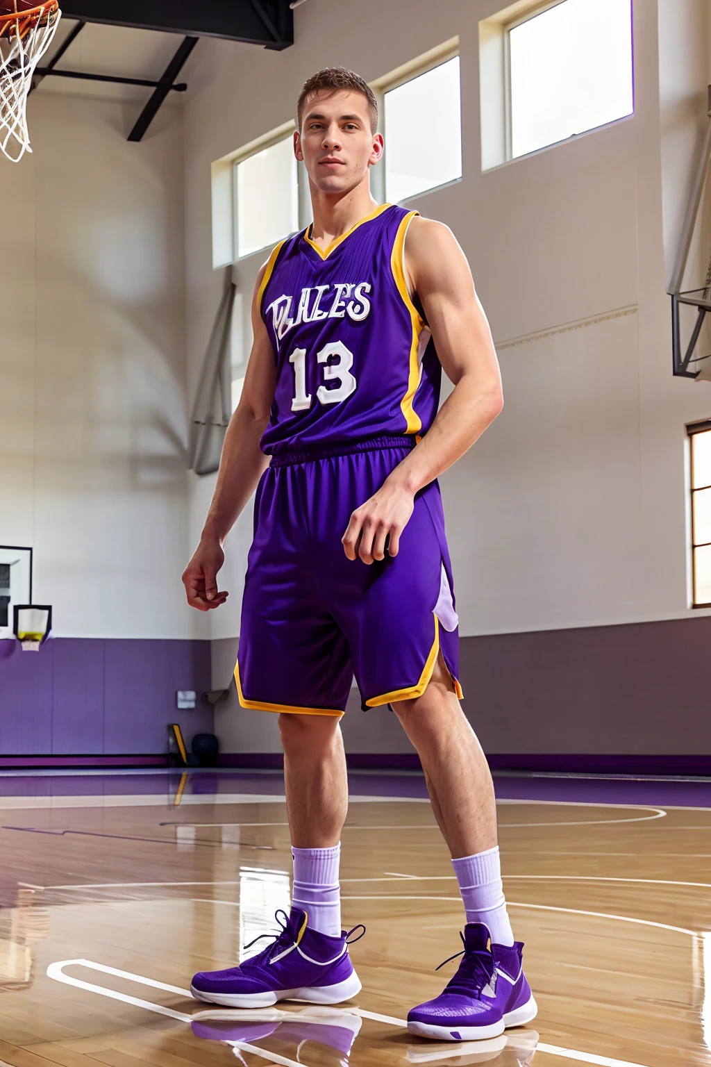 (basketball gym,) high ceiling, (hardwood floor), (basketball court), youthful CFRocky, basketballplayer, basketball uniform, (purple jersey:1.4) with gold trim, (purple shorts:1.3), dynamic movement, ball, white socks, black sneakers, dignified but determined expression, masterpiece, (((full body portrait))), wide angle <lora:Clothing - Sexy Basketball Player:0.25> <lora:CFRocky:0.8>