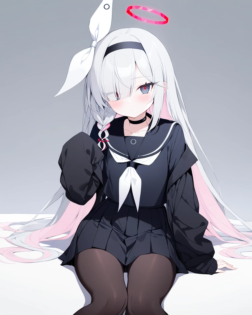 1girl,plana_\(blue_archive\),solo,looking at viewer,blush,bangs,simple background,long sleeves,white background,sitting,very long hair,closed mouth,collarbone,hair ribbon,pink hair,braid,grey hair,pleated skirt,black skirt,hair over one eye,two-tone hair,open jacket,black jacket,sleeves past wrists,grey eyes,black pantyhose,black shirt,black choker,halo,no shoes,black hairband,black sailor collar,black serafuku,brown pantyhose,white neckerchief ,
masterpiece, best quality