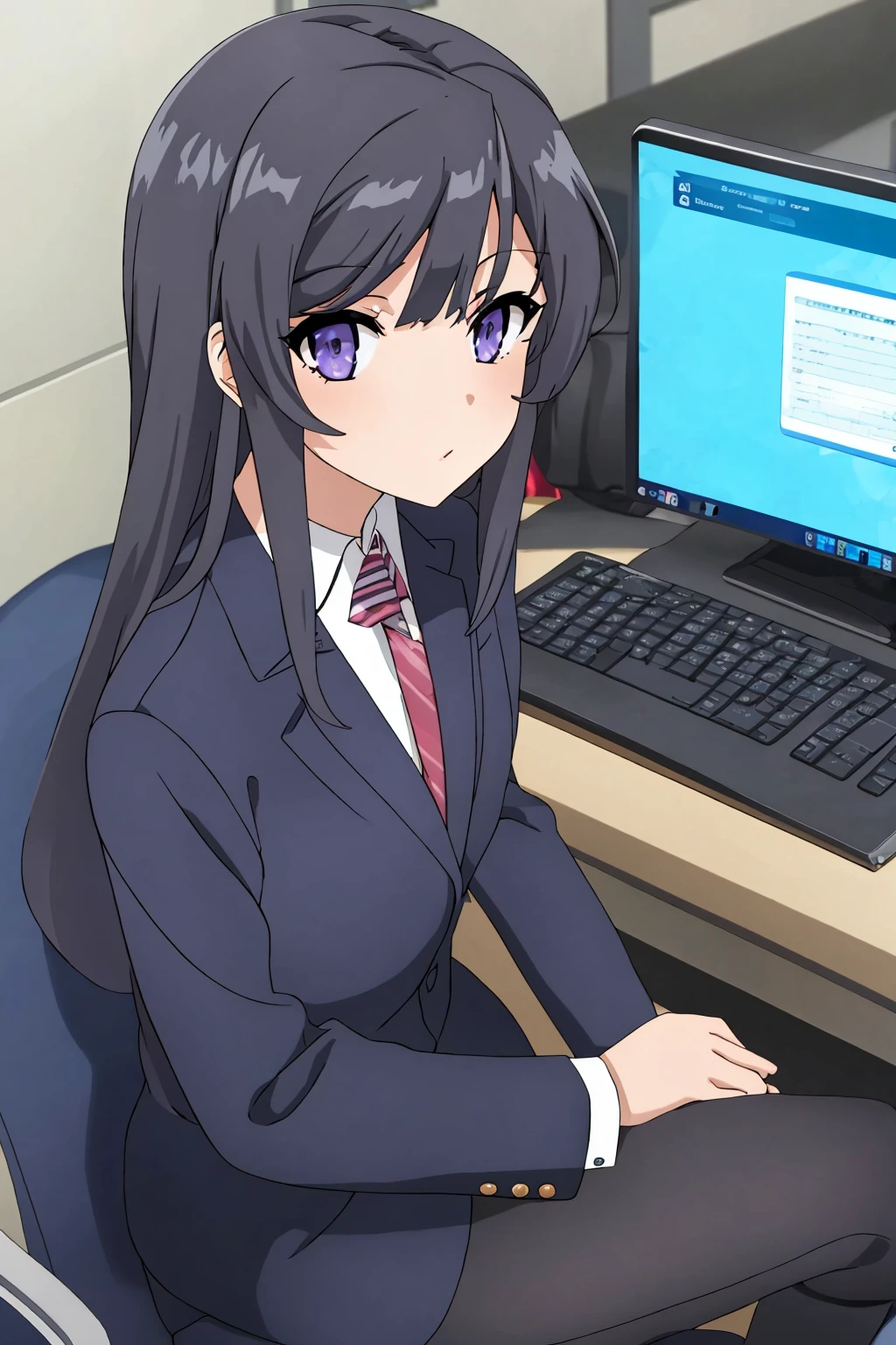 sysdeep_mai, 1girl, solo, long_hair, bangs, blue_eyes, black_hair, purple_eyes, sitting, computer, office, office_suit