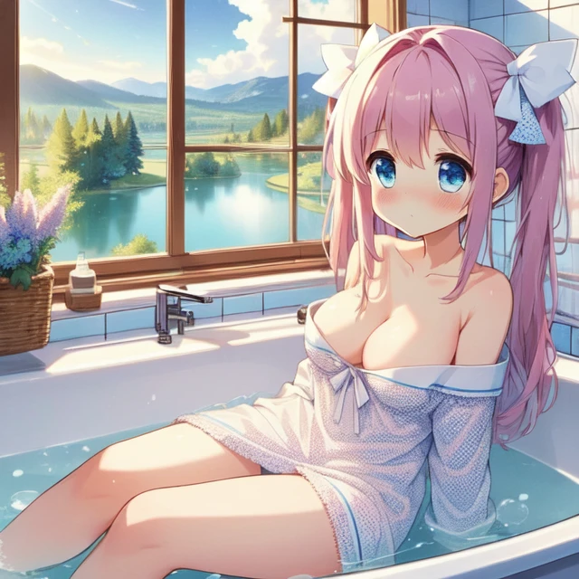 (((masterpiece))),  (((best quality))),  ((bathroom window)),  from side,  sitting on bathtub filled with water,  towel wrap body,  curtain,  white tile wall,  ribbon,  pink longhair,  off shoulder,  collarbone,  cleavage,  big tits,  shy,  blush,  bare thighs,<lora:EMS-263612-EMS:1.000000>