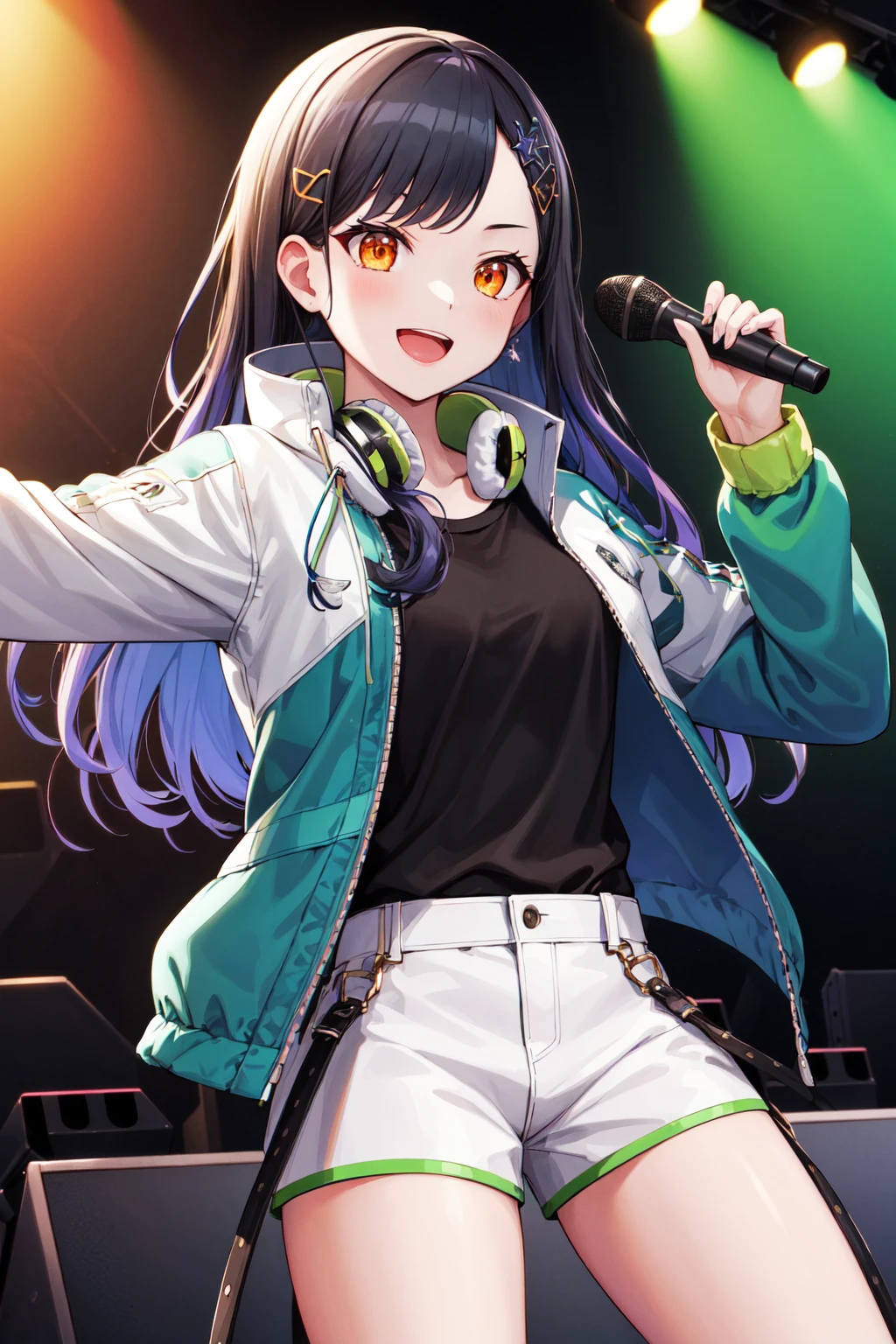 masterpiece, best quality, highres, aaan, long hair, multicolored hair, gradient hair, hair ornament, orange eyes, headphones around neck, black shirt, jacket, open jacket, long sleeves, short shorts, white shorts, <lora:shiraishi_an_v1:0.7>, standing, holding microphone, smile, open mouth, stage,