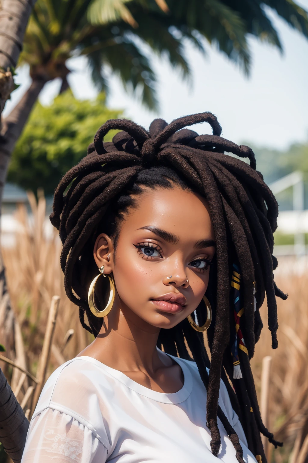 n3wgu1n34, 1girl,black hair,upper body,dark skin,black eyes,very dark skin, dreadlocks,<lora:n3wgu1n34:0.7>  <lora:detail_slider_v4:1>