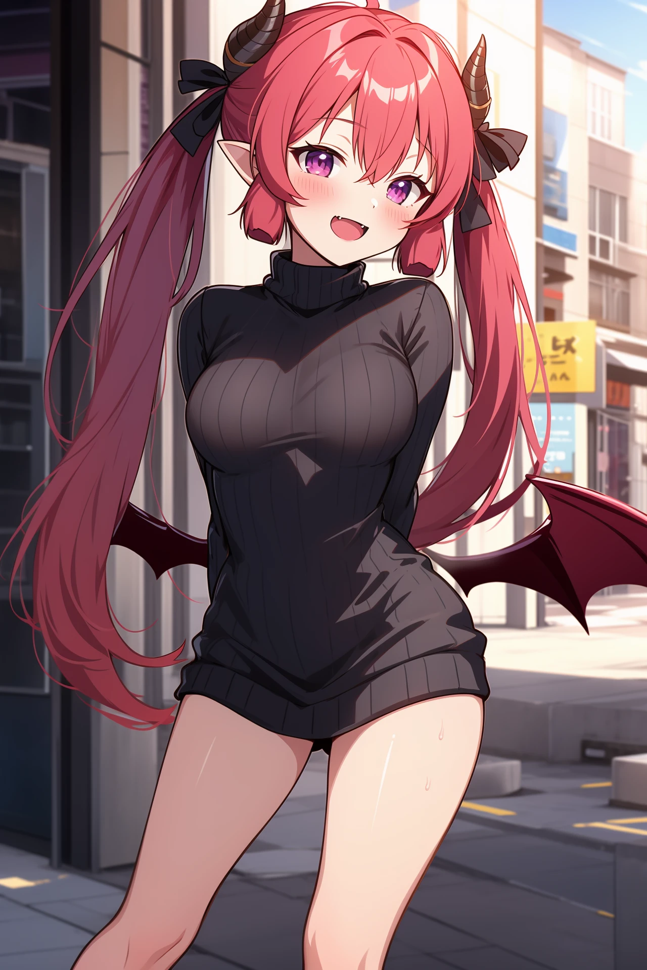 1girl, solo, outdoors, street, looking at viewer, masterpiece, best quality, high resolution, unity 8k wallpaper, (illustration:0.8), (perfect hands, perfect anatomy), blush, shiny hair, shiny skin, small breasts, junko, red hair, long hair, hair between eyes, twintails, purple eyes, pointy ears, demon horns, demon wings, low wings, black ribbon, hair ribbon, halo, ribbed sweater, sweater dress, turtleneck, thighs, leaning forward, arms behind back, open mouth, fang