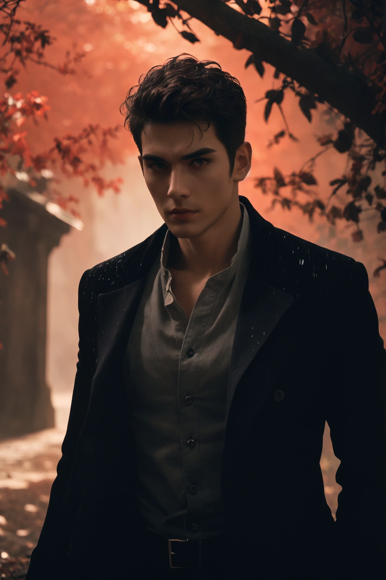 1boy,red background,absurdres,masterpiece,highres,intricately detailed,a gay man,sexy,muscular,strutting outdoors,gorgeous eyes,detailed face,pouring rain,outdoors,global illumination,subsurface scattering,