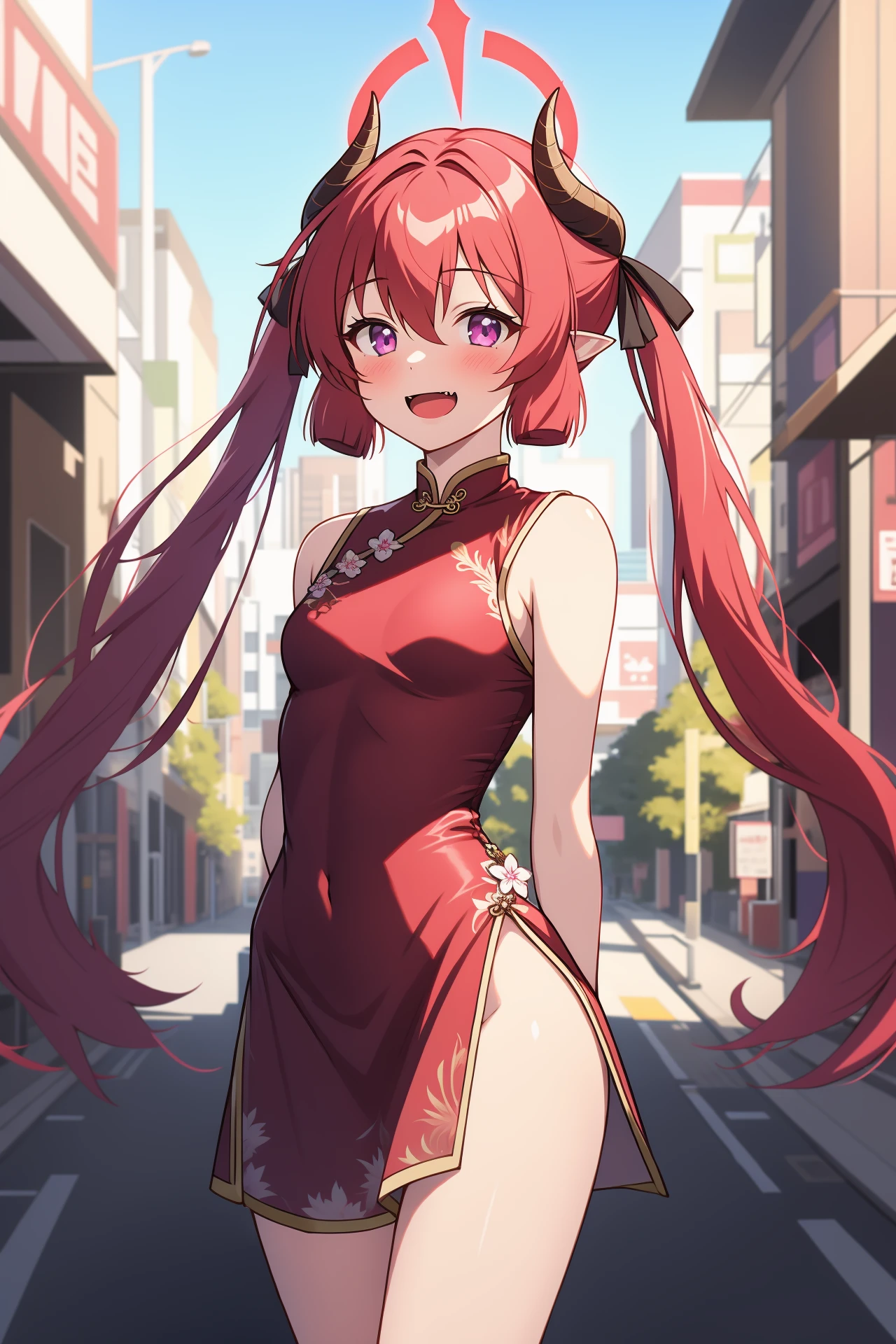 1girl, solo, outdoors, street, looking at viewer, masterpiece, best quality, high resolution, unity 8k wallpaper, (illustration:0.8), (perfect hands, perfect anatomy), blush, shiny hair, shiny skin, small breasts, junko, red hair, long hair, hair between eyes, twintails, purple eyes, pointy ears, demon horns, black ribbon, hair ribbon, halo, chinese dress, red dress, sleeveless, standing, open mouth, fang, arms behind back, thighs