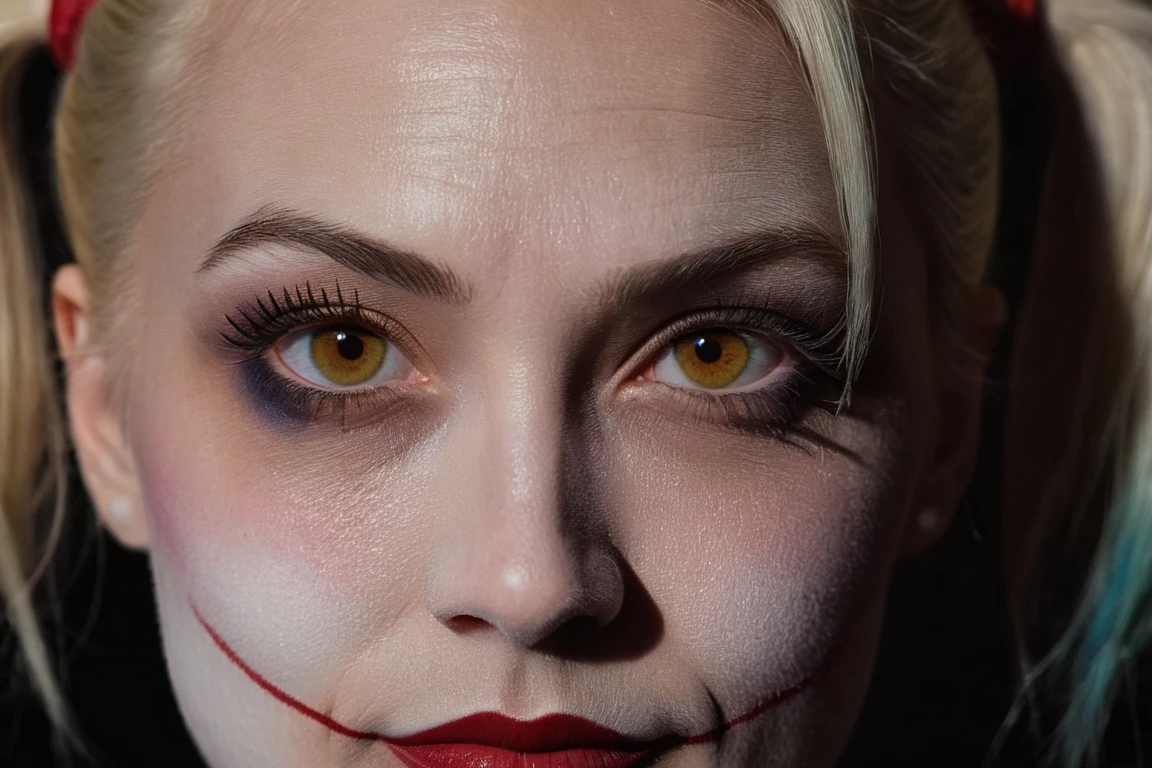 Close-up, (as Harley Quinn, clown makeup), grim smile, relaxed pose, portrait movie shot, serious, menacing, chiaroscuro style photo, dark background, minimalism, dramatic lighting, professional quality, dull highlights and shadows, natural and original
photorealistic, UHD, 32k, photo real, photo realistic, (skin detail), (skin pores), 
 detailed_eye_model <lora:detailed_eye_model:2>