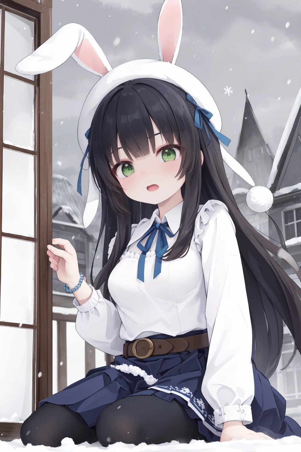(woman): solo, (perfect face), (detailed outfit), (20 years old), cute woman, (rabbit ears), scared, (frightened), (kneeling), black hair, long hair, (straight hair), green eyes, pale skin, small breasts, (white and navy dirndl with long sleeves), (navy mid-length skirt with a brown belt), (cabbie hat), (large ribbon around the neck), (friendship bracelet) (background): from below, outdoor, (frozen city), (ruins), (snow accumulation), (white sky), (broken window), morning, cloudy (effects): (masterpiece), (best quality), (sharp focus), (depth of field), (high res)