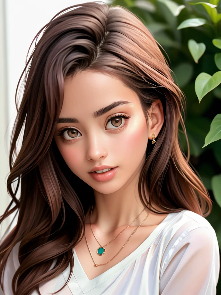 Realistic photo of a beautiful l1z4k woman, 1girl,solo,long hair,looking at viewer,brown hair,brown eyes,jewelry,flower,parted lips,teeth,necklace,blurry,lips,blurry background,portrait,realistic, soft lighting, professional Photography, Photorealistic, detailed, RAW, analog, sharp focus, 8k, HD, high quality, masterpiece<lora:l1z4k:1.0>