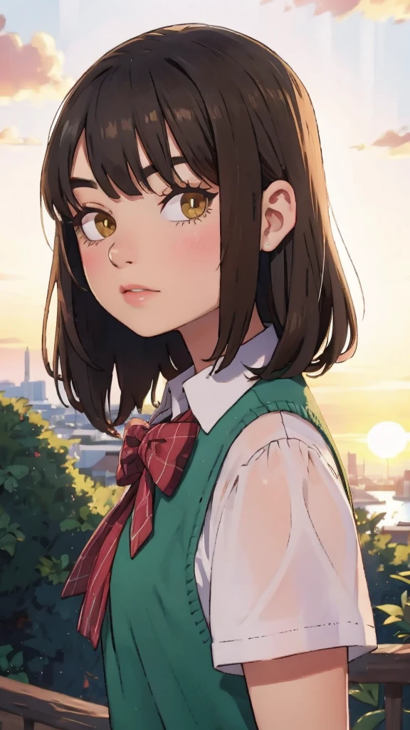 (close-up:1.1) portrait photography of girl, shy, athletic body type, (looking at viewer:1.3) BREAK salmon chiffon uniform BREAK (sunset swoop bangs hair:1.2) BREAK country road in background, in golden hour