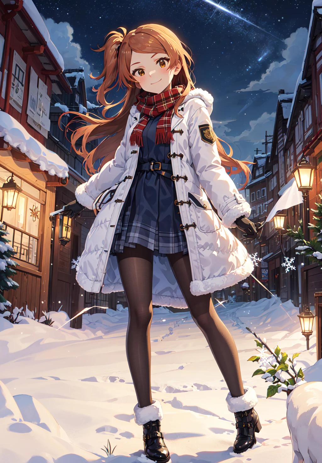 tamaki ogami \(million live\), (best quality, 8K, masterpiece, ultra detailed:1.2), cinematic angle, dynamic pose,
night, dappled sunlight, blue sky, beautiful clouds, cityscape, lens flare, sparkle, light particles, wide shot,
1girl, solo, slight smile, head tilt, cowboy, christmas, beautiful clouds, constellation, starry sky, snowing, reflective floor, snowflakes, (from below, full body:1.1), winter coat, sweater, open clothes, plaid scarf, black pantyhose, gloves