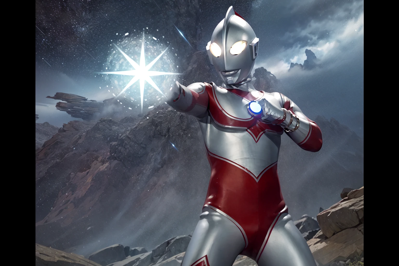 (masterpiece, best quality:1.3),extremely high detailed,intricate,8k,HDR,wallpaper,cowboy shot,night,((starry sky,clusters of stars)),solo,ultraman,no humans,bodysuit,bracelet,standing,(own hands together),light,(The Spethum light),fighting stance,<lora:add_detail:0.2>,<lora:jack72:0.8>,