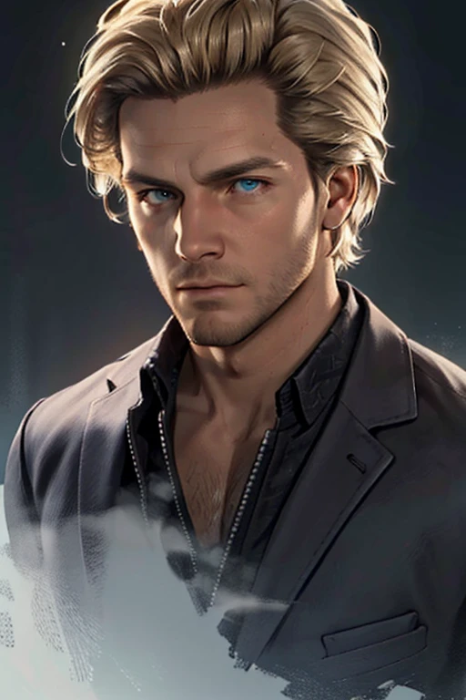 Felix Richter,  blond hair,  stubble,  pale blue eyes,  handsome,  charming,  alluring,  debonair,  (standing),  (full body in frame),  simple background,  black background,  fog,  dark atmosphere,  perfect light,  perfect anatomy,  perfect proportions,  perfect perspective,  8k,  HQ,  (best quality:1.5,  hyperrealistic:1.5,  photorealistic:1.4,  madly detailed CG unity 8k wallpaper:1.5,  masterpiece:1.3,  madly detailed photo:1.2),  (hyper-realistic lifelike texture:1.4,  realistic eyes:1.2),  picture-perfect face,  perfect eye pupil,  detailed eyes,  realistic,  HD,  UHD,  (front view:1.2),  looking outside frame,<lora:EMS-261760-EMS:0.600000>