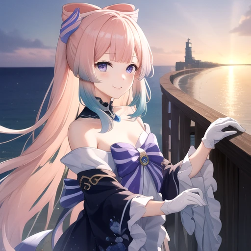 ((masterpiece)),(best quality),official art,extremely detailed CG,unity 8k wallpaper,ultra detailed,A lighthouse on a cliff by the sea,1girl,solo,upper body,looking at viewer,bow-shaped_hair,japanese_clothes,bare_shoulders,pink_hair,very_long_hair,dress_bow,multicolored_hair,white_gloves,smile,bangs,frilled_sleeves,purple_eyes,frills,wide_sleeves,gradient_hair,white_thighhighs,blue_hair,shorts,half_gloves,clog_sandals,hair_ornament,blunt_bangs,<lora:Sangonomiya Kokomi(gen)>,