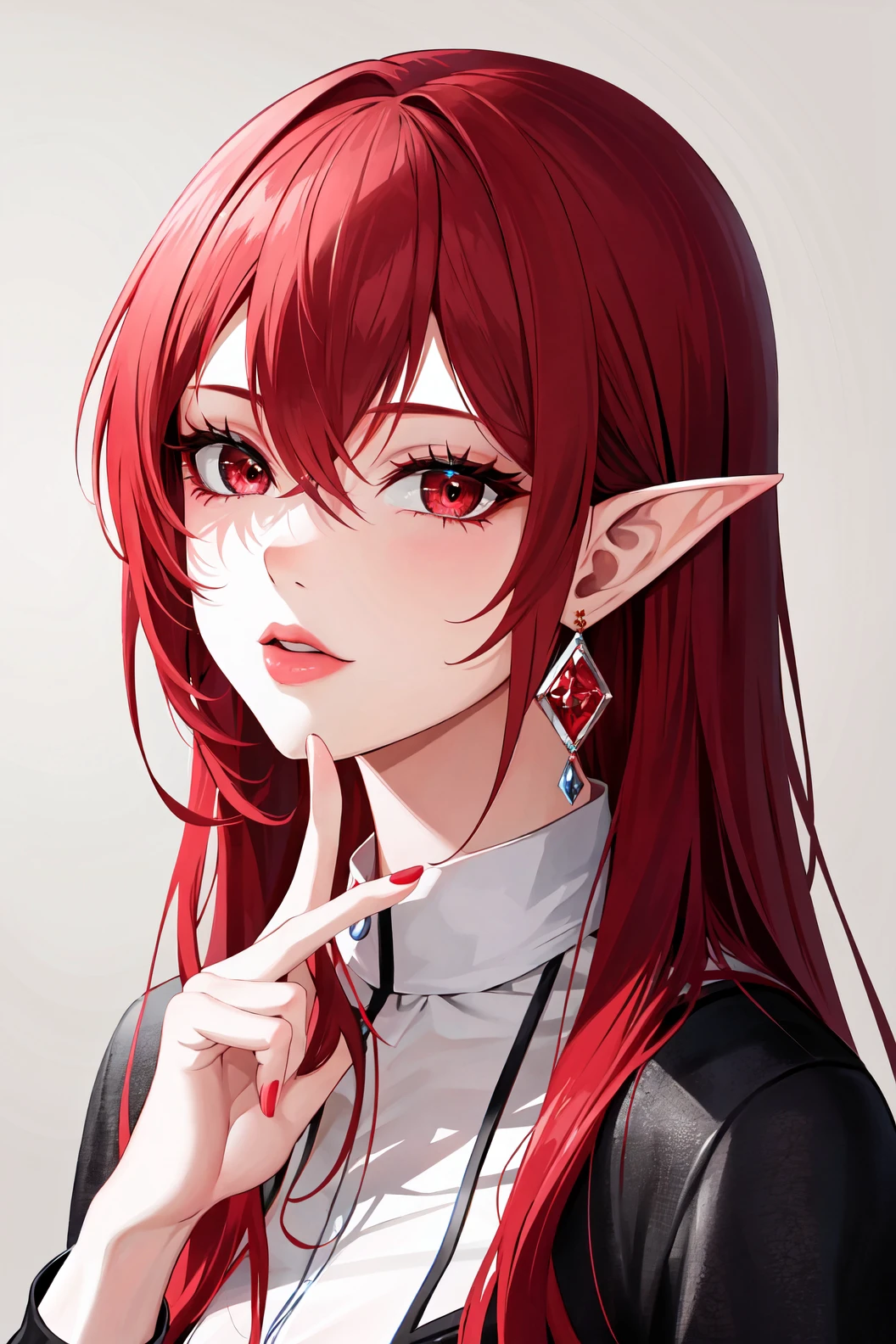 1girl, solo, long hair, looking at viewer, red eyes, jewelry, red hair, earrings, pointy ears, portrait, finger to mouth