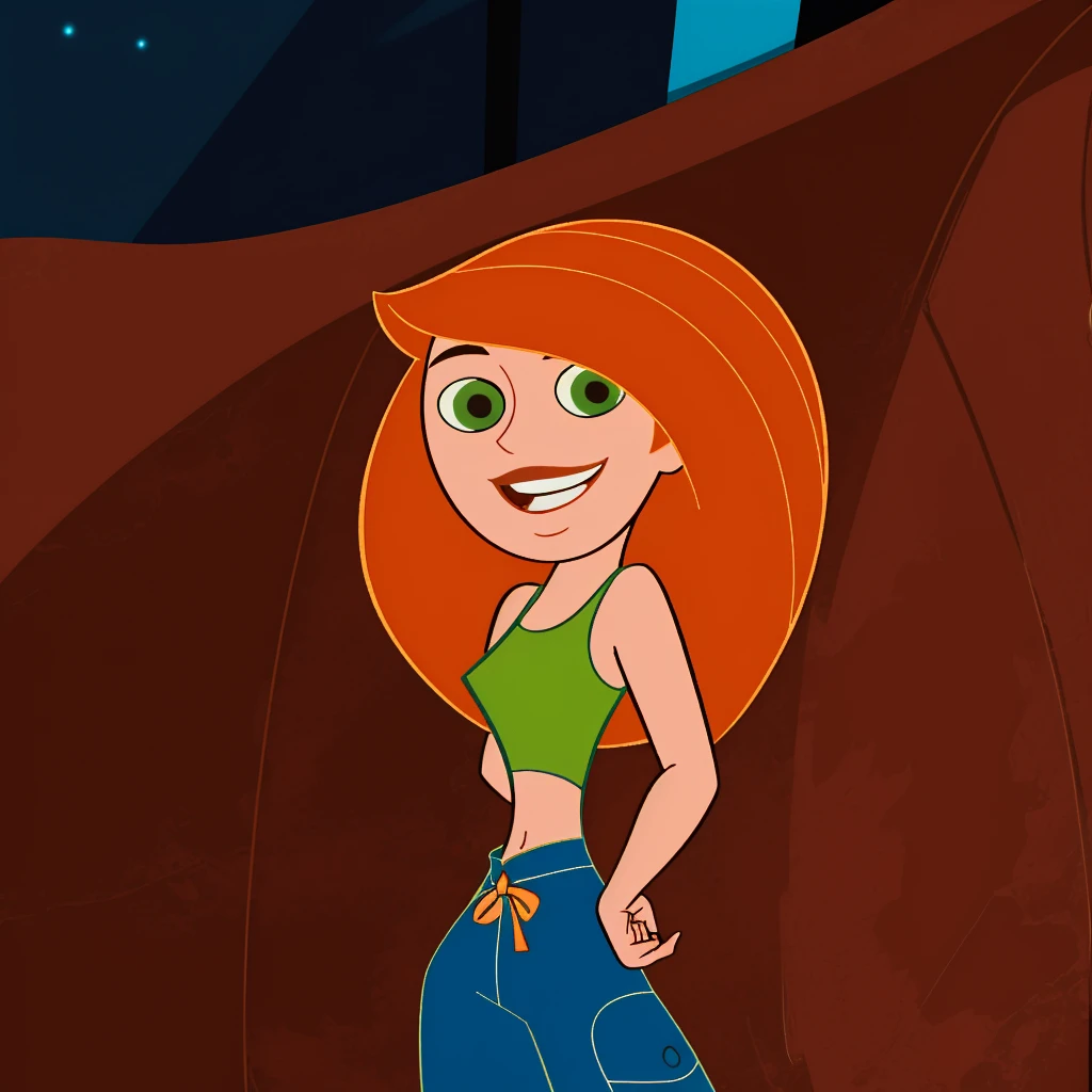 Best_QualityPos, RAW photo, intricate details, best quality, 8k uhd, soft lighting, 1girl, solo, green eyes, orange hair, long hair, green tank top, blue pants, smile <lora:Kimberly_Ann_Possible_V2:0.7> <lora:kim_possible_offset:1>