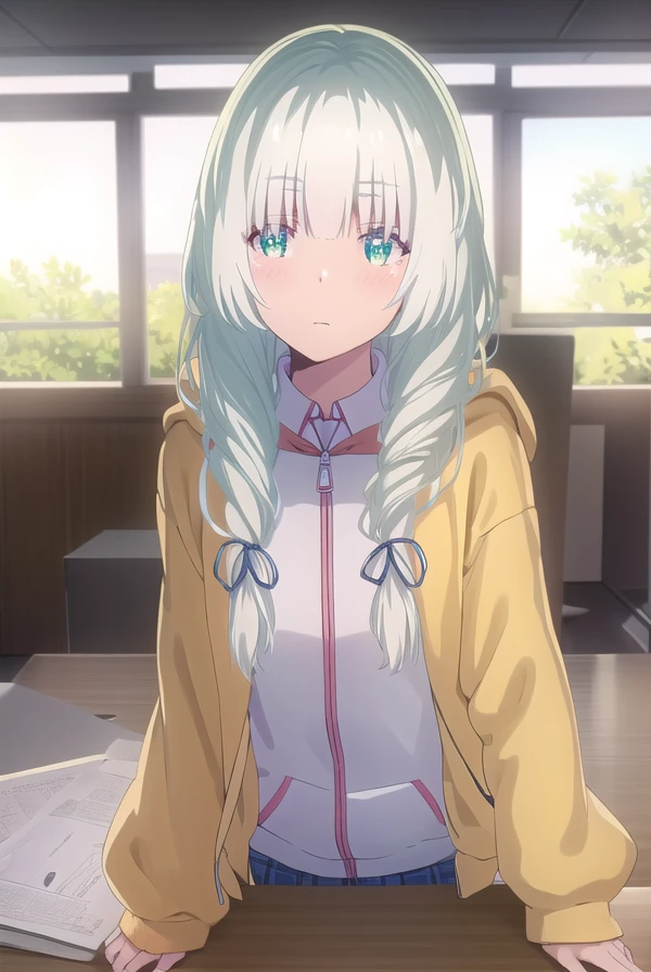 best quality, (masterpiece:1.2), highly detailed,
indoors, bedroom,
izumi sagiri,
1girl, solo, sitting, upper body, from front, looking at the viewer, closed mouth, blush, slight smile,
grey hair, long hair, multicolored hair, blue eyes,
green jacket, hood, headset, pink bow