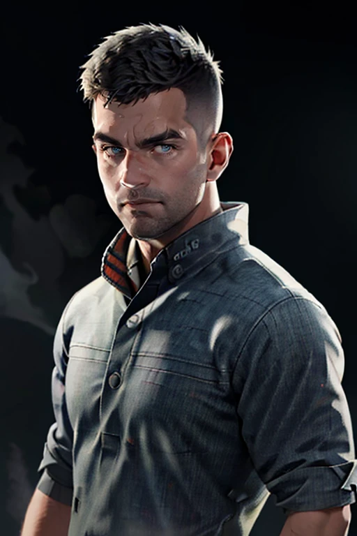 David King,  black hair,  stubble,  handsome,  charming,  alluring,  rugged,  white collared shirt,  black jacket,  (short hair,  crewcut,  flat hair:1.3,  low hair:1.3),  (standing),  (upper body in frame),  simple background,  black background,  fog,  dark atmosphere,  perfect light,  perfect anatomy,  perfect proportions,  perfect perspective,  8k,  HQ,  (best quality:1.5,  hyperrealistic:1.5,  photorealistic:1.4,  madly detailed CG unity 8k wallpaper:1.5,  masterpiece:1.3,  madly detailed photo:1.2),  (hyper-realistic lifelike texture:1.4,  realistic eyes:1.2),  picture-perfect face,  perfect eye pupil,  detailed eyes,  realistic,  HD,  UHD,  (front view:1.2),  portrait,  looking outside frame, perfecteyes,<lora:EMS-262056-EMS:0.700000>,<lora:EMS-498-EMS:0.000000>