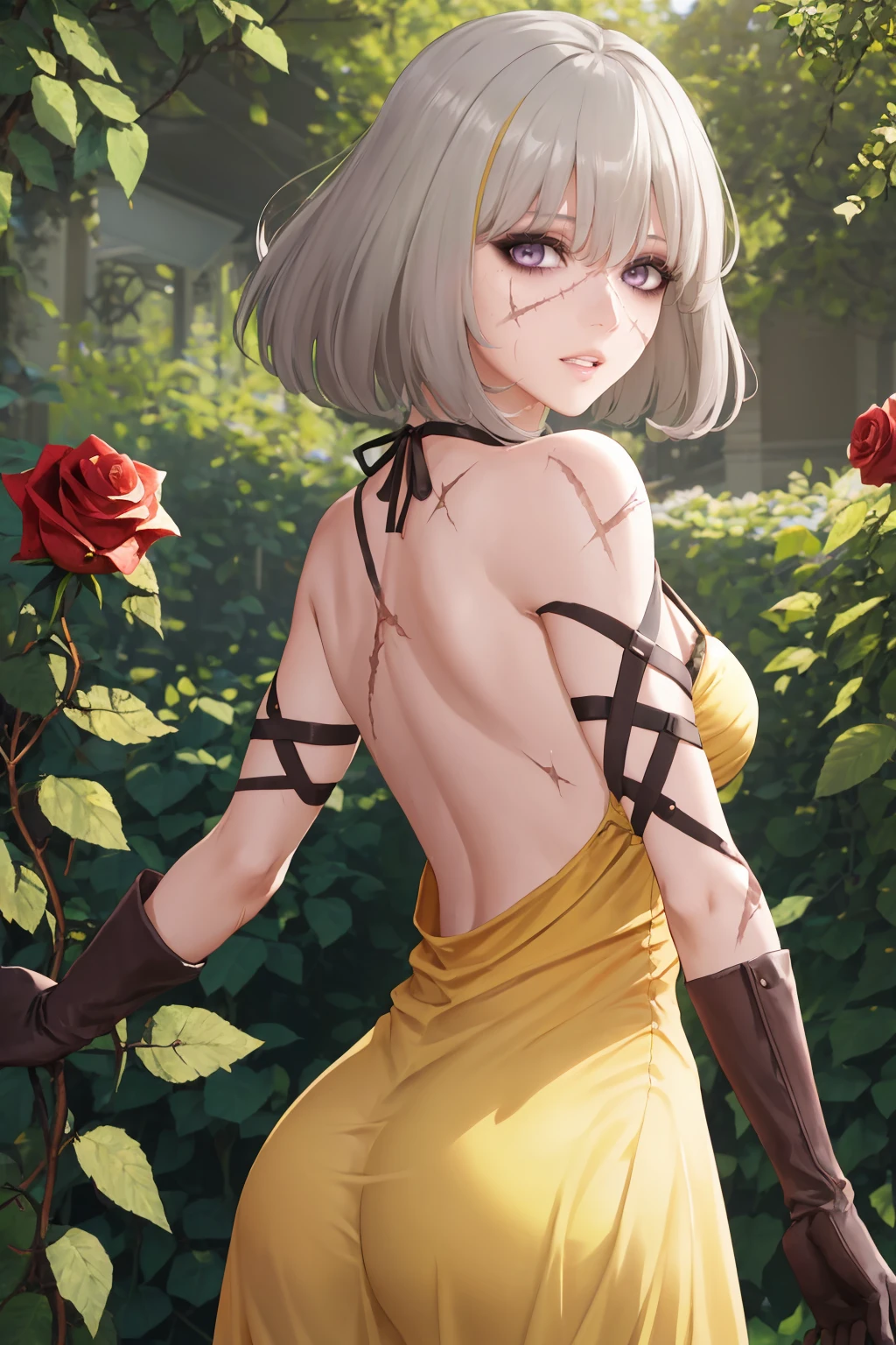 masterpiece, best quality, 1girl, solo, <lora:evaroux-cv-richy-v1:1> evaroux, purple eyes, eyeshadow, scar, scar on face, (yellow sundress:1.3), garden, standing, from behind, ass, looking back, looking at viewer, sun, sunlight, sunbeam, (dappled sunlight, rose, flower, rose bush:1.3), criss-cross back-straps, white hair, parted lips, gloves, wide hips, backless outfit, wind, floating hair, floating